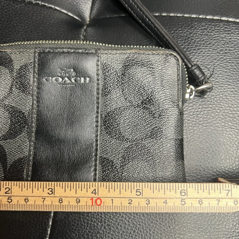 Coach Black Signature Monogram Leather Trim Wristlet Pouch Wallet